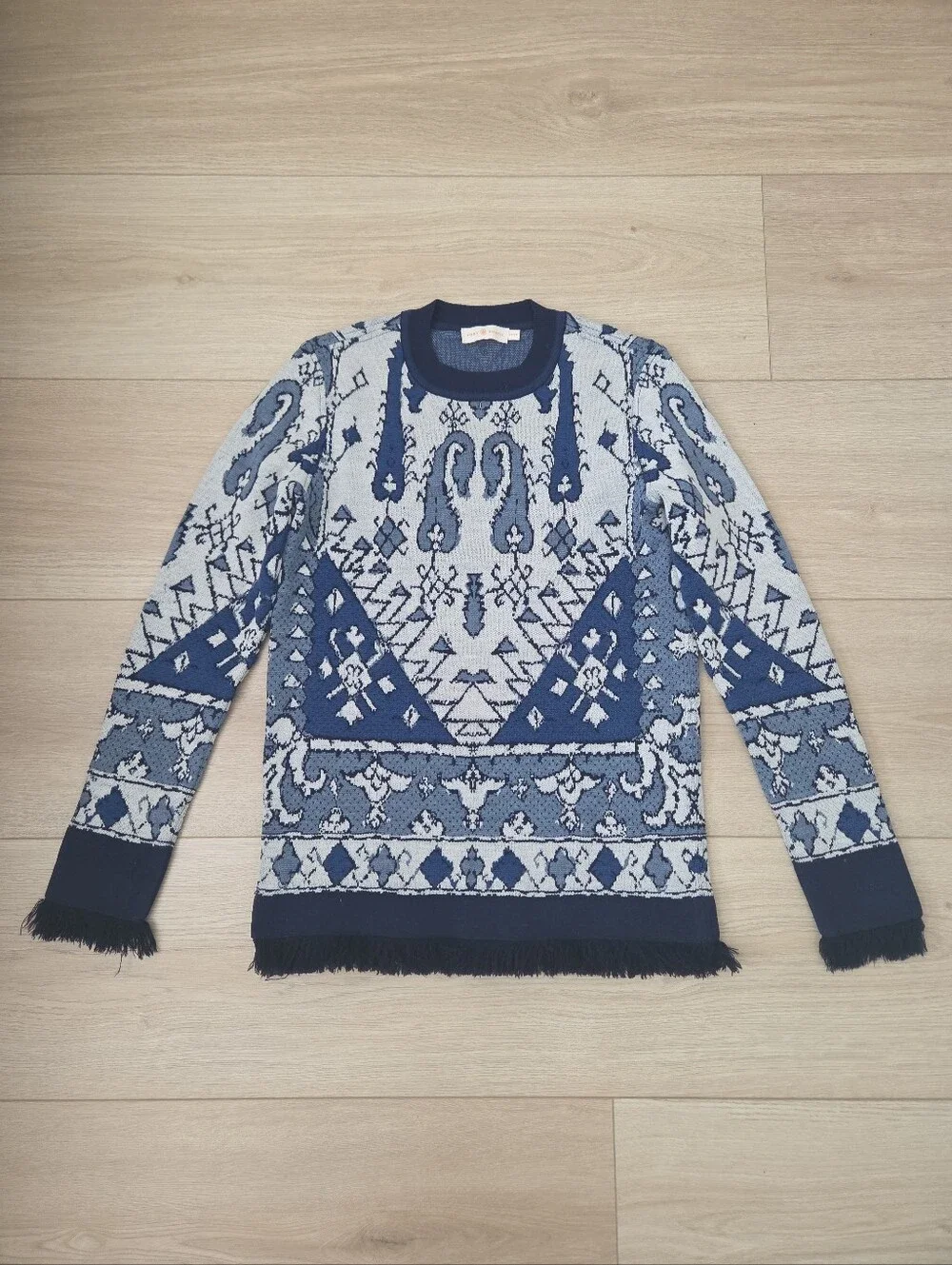 Tory Burch Malibu Blue Fringe Wool Lisbon Runway Sweater